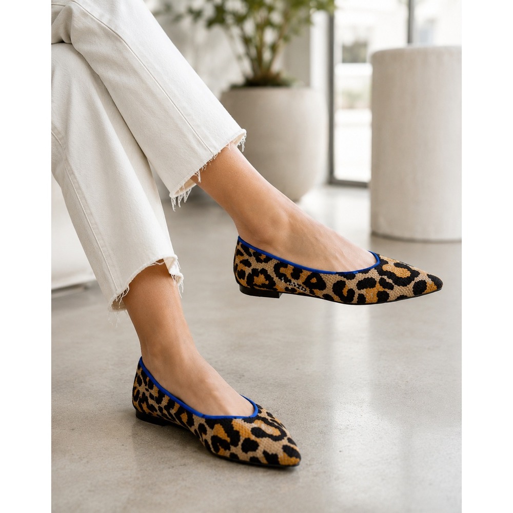 Rothy's The Point Leopard Animal Print Flats Womens 11 Blue Trim Knit Shoes